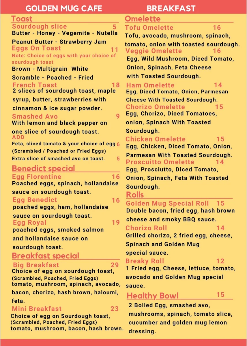 Menu, Golden Mug Cafe