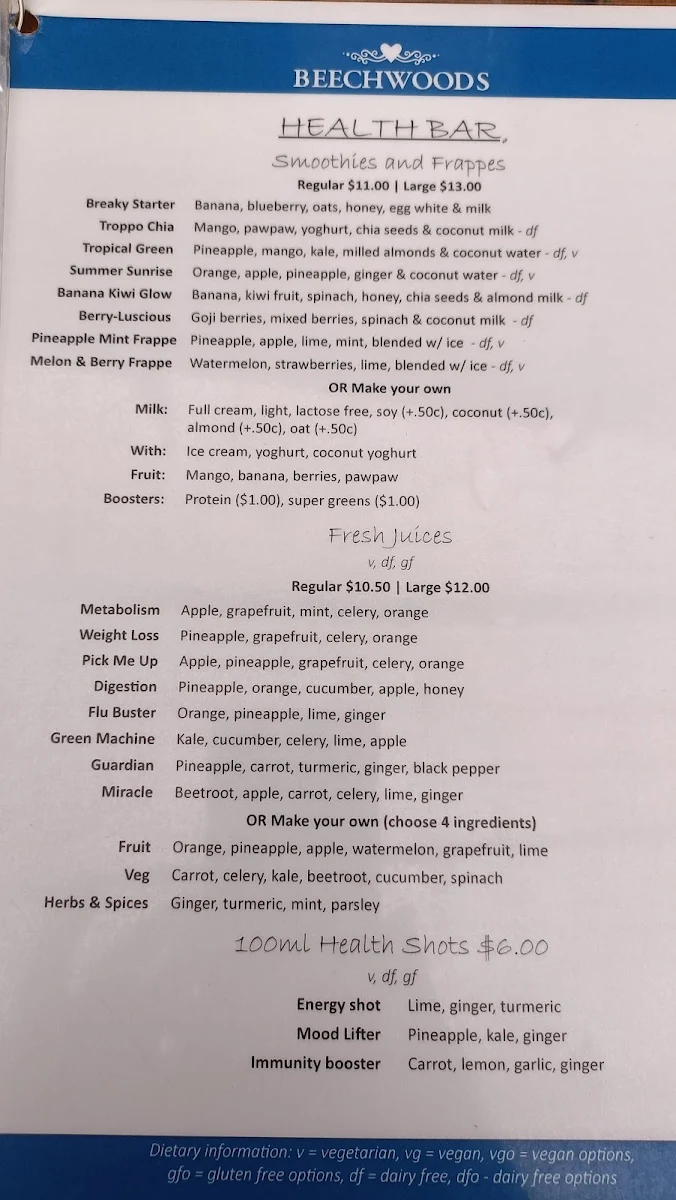 Menu, Beechwoods Cafe Milk Bar