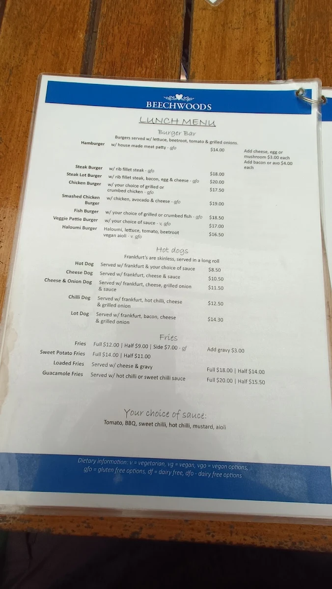 Menu, Beechwoods Cafe Milk Bar