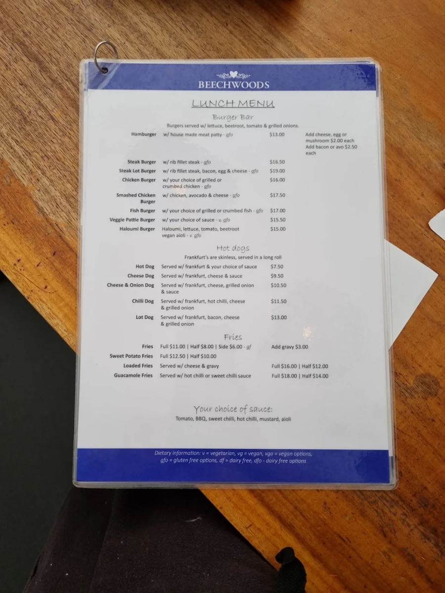 Menu, Beechwoods Cafe Milk Bar