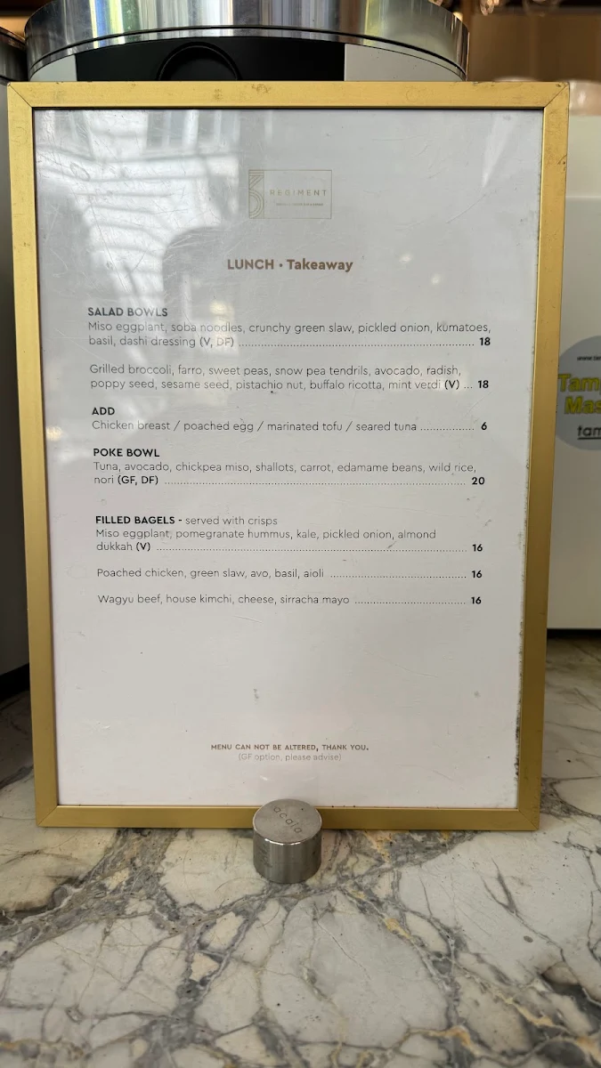 Menu, Regiment specialty coffee