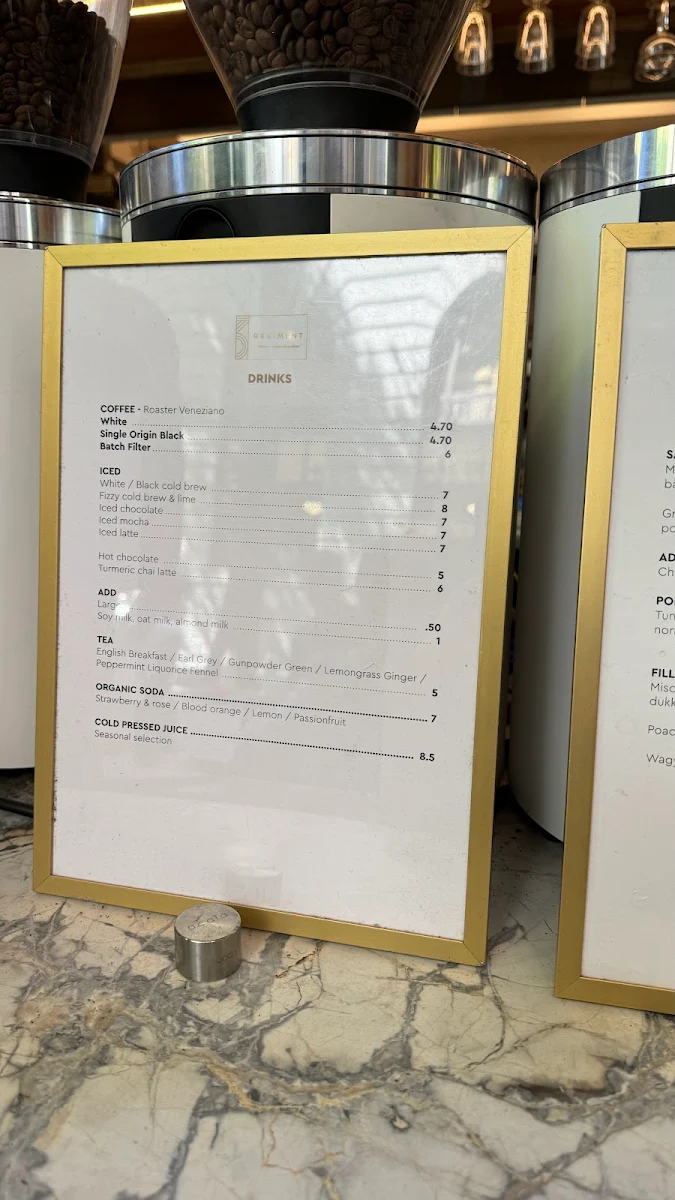 Menu, Regiment specialty coffee