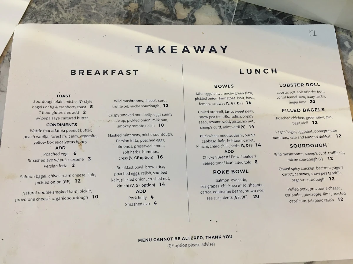 Menu, Regiment specialty coffee