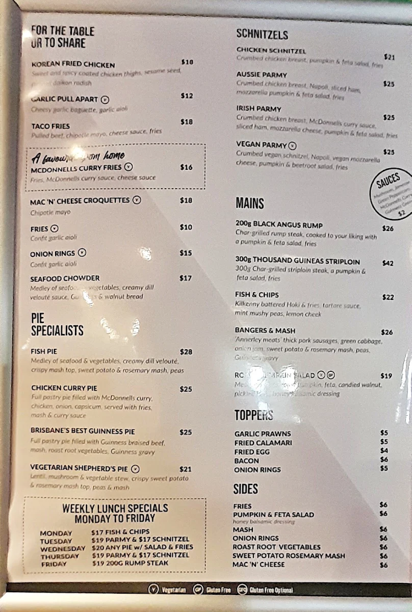 Menu, Irish Murphy's