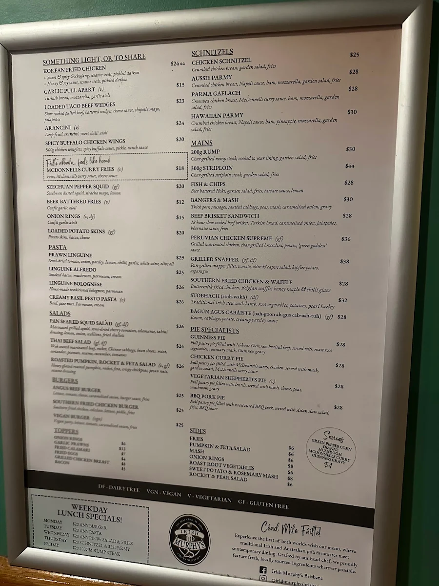 Menu, Irish Murphy's