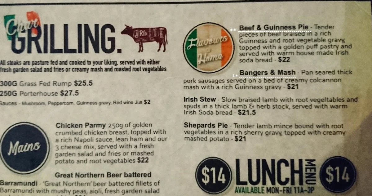 Menu, Irish Murphy's