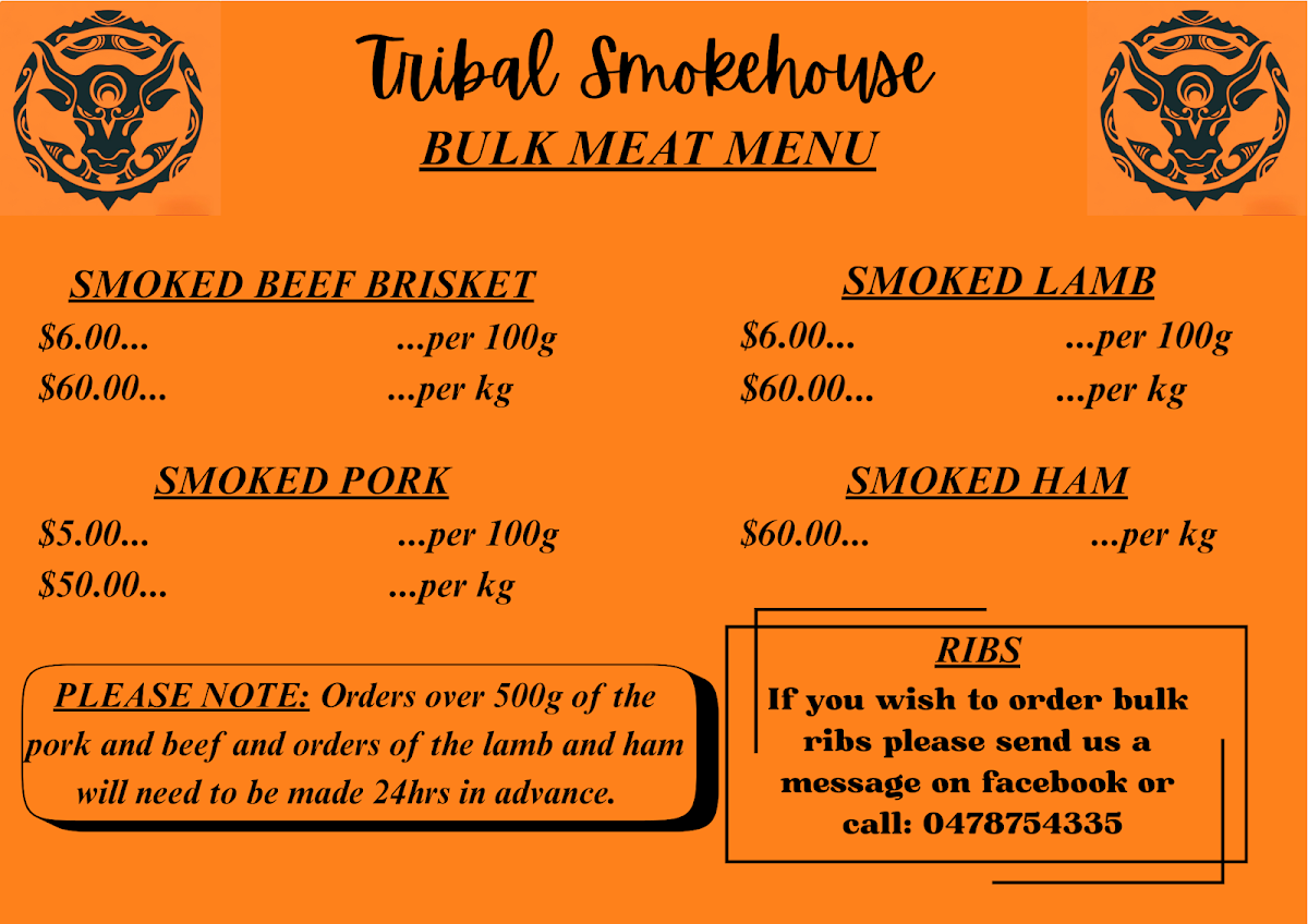 Menu, Tribal Smokehouse and Pizzaria
