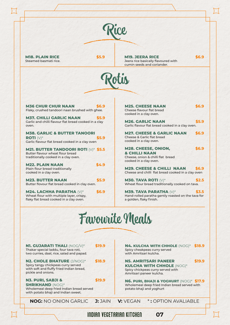 Menu, Thakar Indian Veg Kitchen - Adelaide