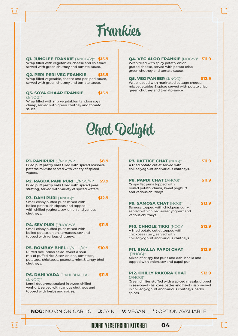 Menu, Thakar Indian Veg Kitchen - Adelaide