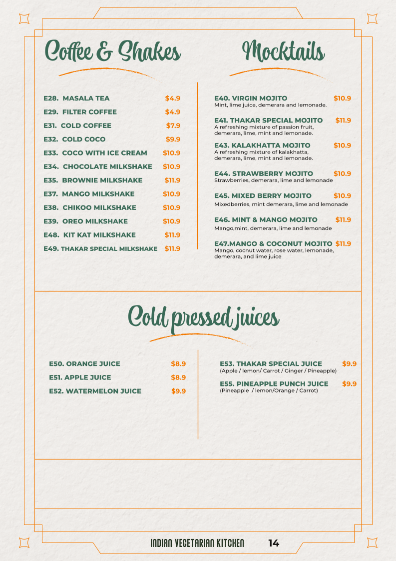 Menu, Thakar Indian Veg Kitchen - Adelaide