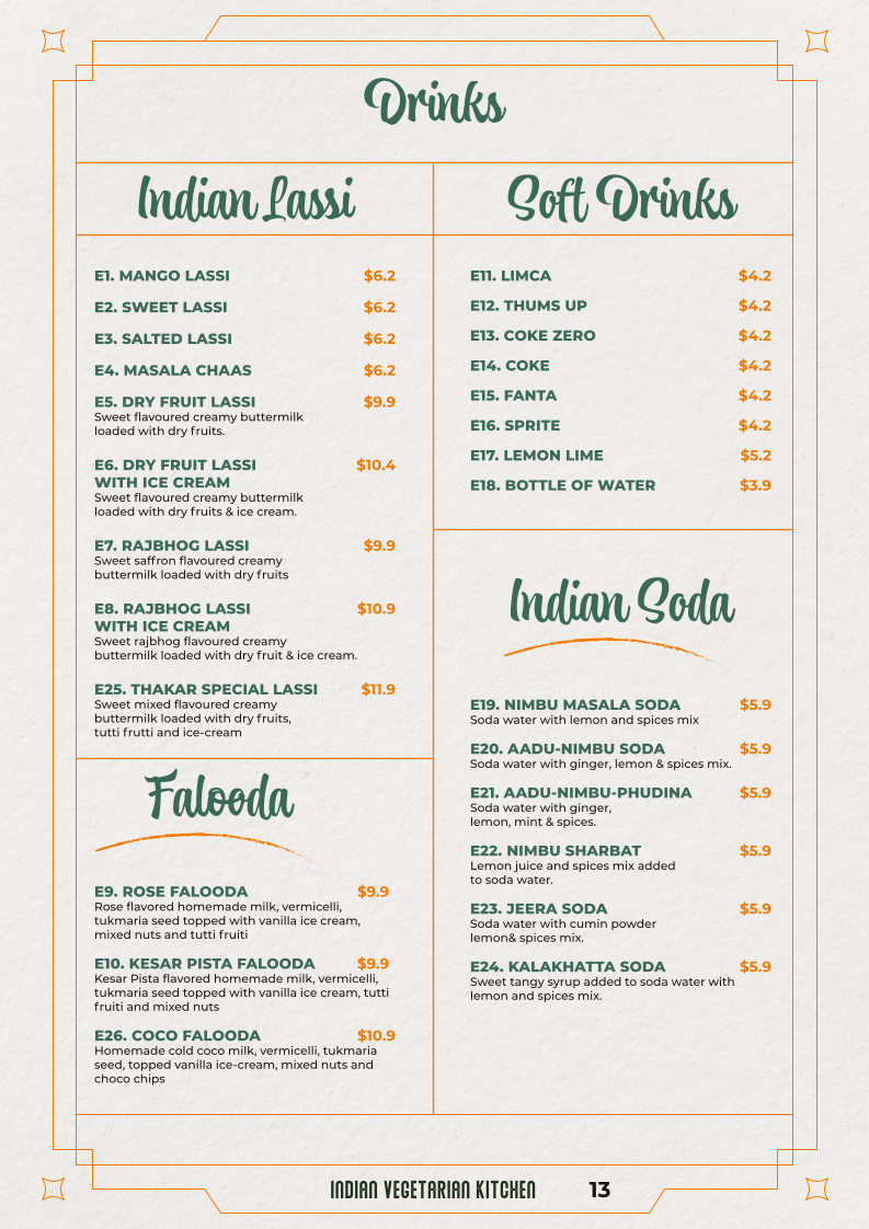 Menu, Thakar Indian Veg Kitchen - Adelaide