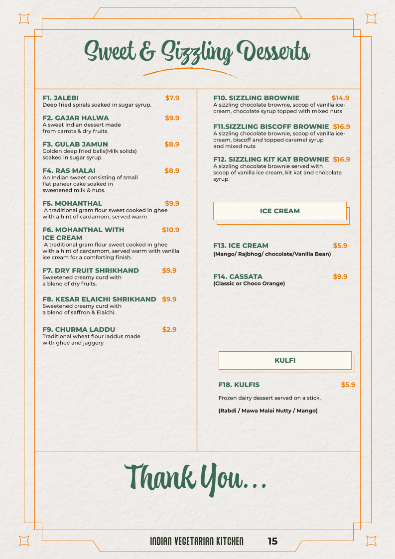 Menu, Thakar Indian Veg Kitchen - Adelaide