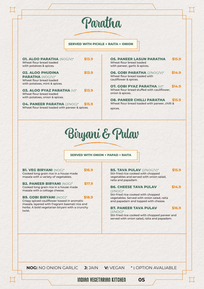 Menu, Thakar Indian Veg Kitchen - Adelaide