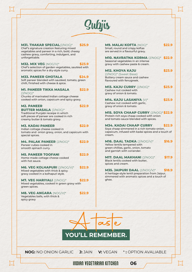 Menu, Thakar Indian Veg Kitchen - Adelaide