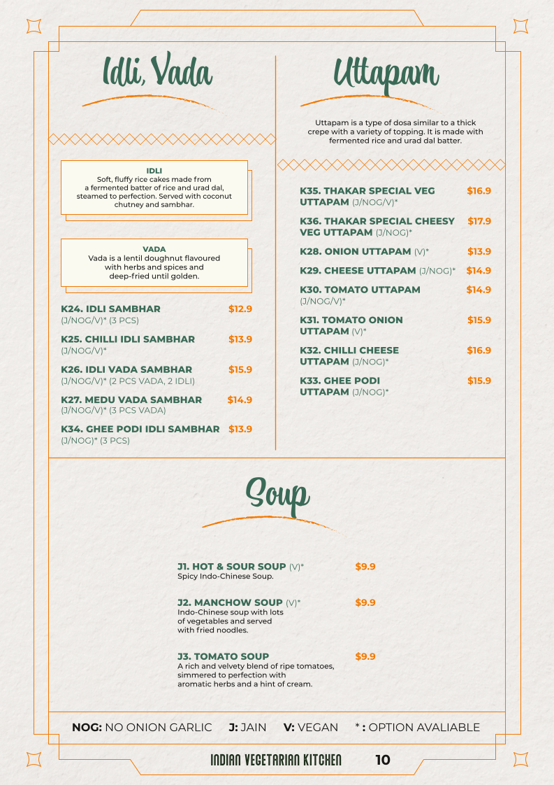 Menu, Thakar Indian Veg Kitchen - Adelaide