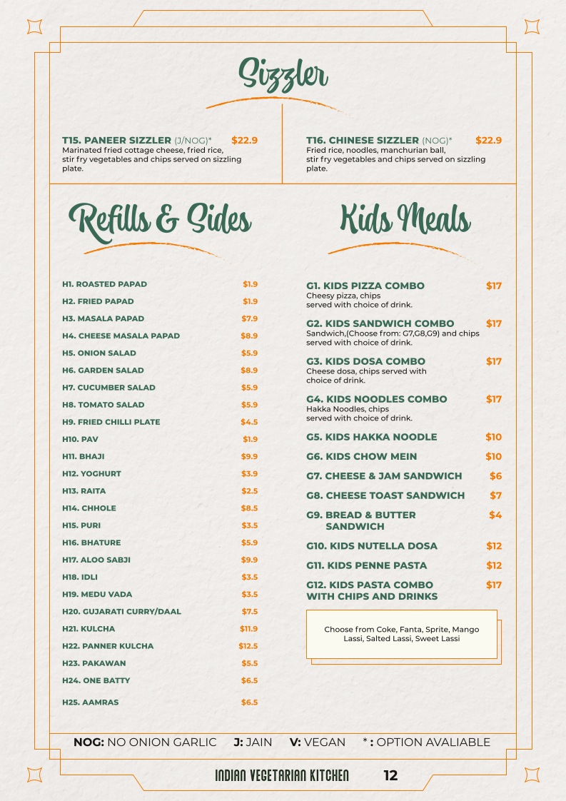 Menu, Thakar Indian Veg Kitchen - Adelaide