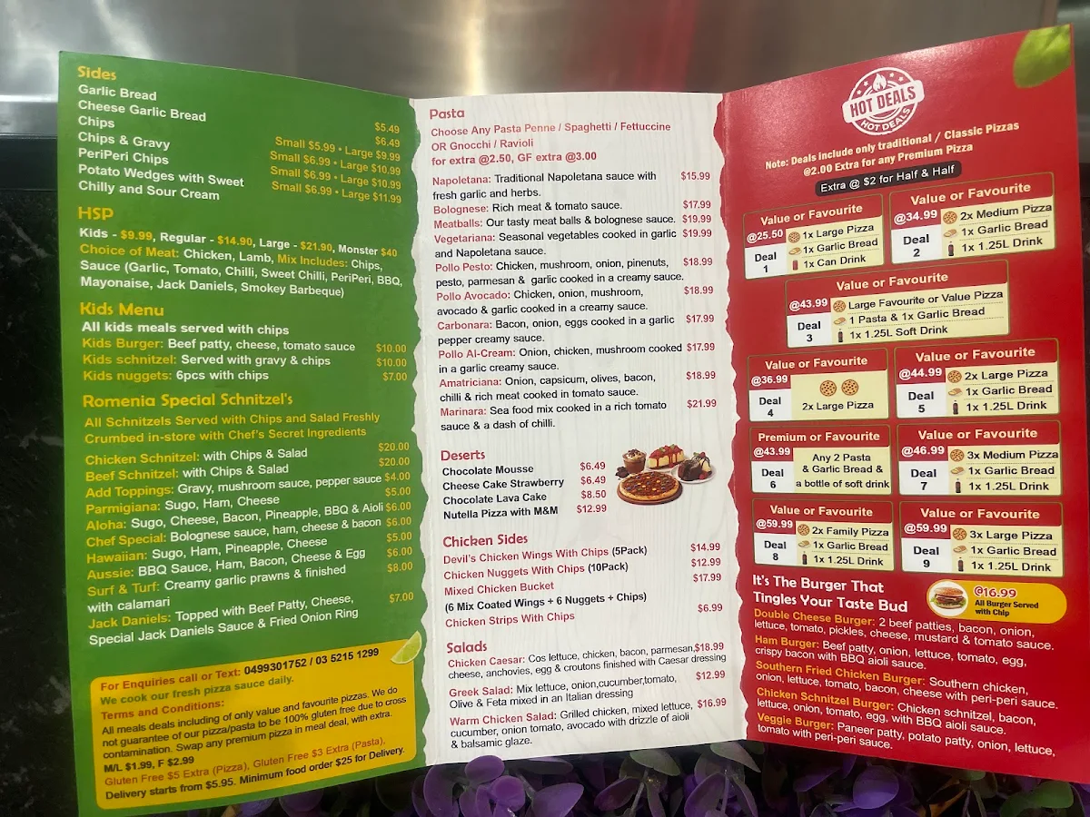 Menu, Romenia Restaurant and Pizza Bar