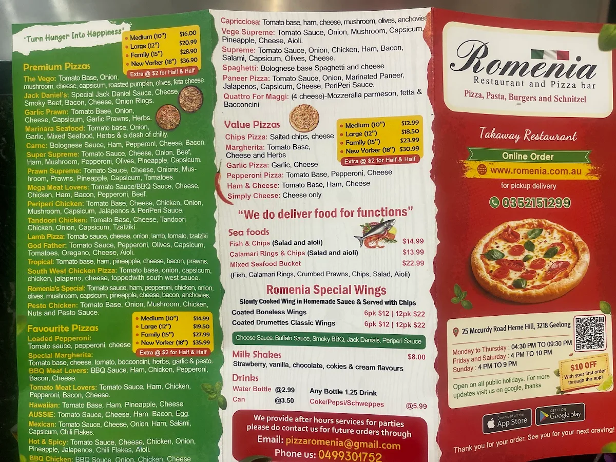 Menu, Romenia Restaurant and Pizza Bar