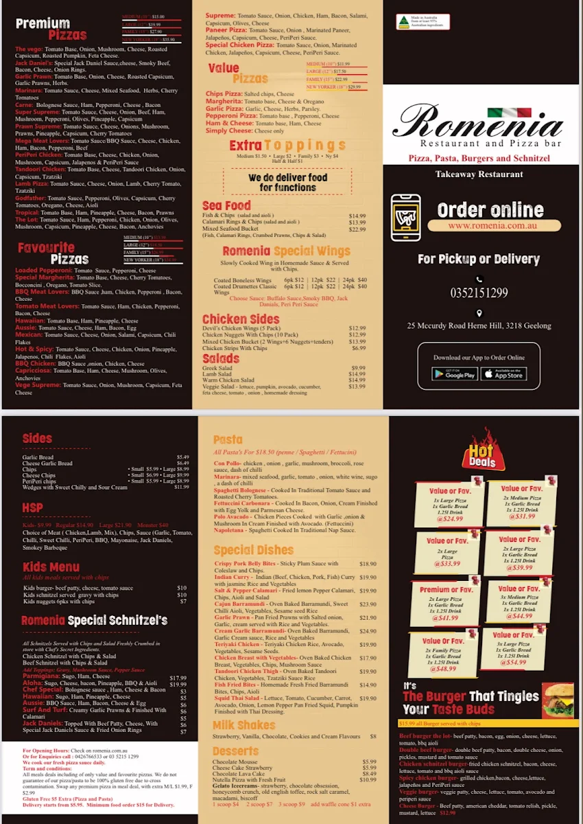 Menu, Romenia Restaurant and Pizza Bar