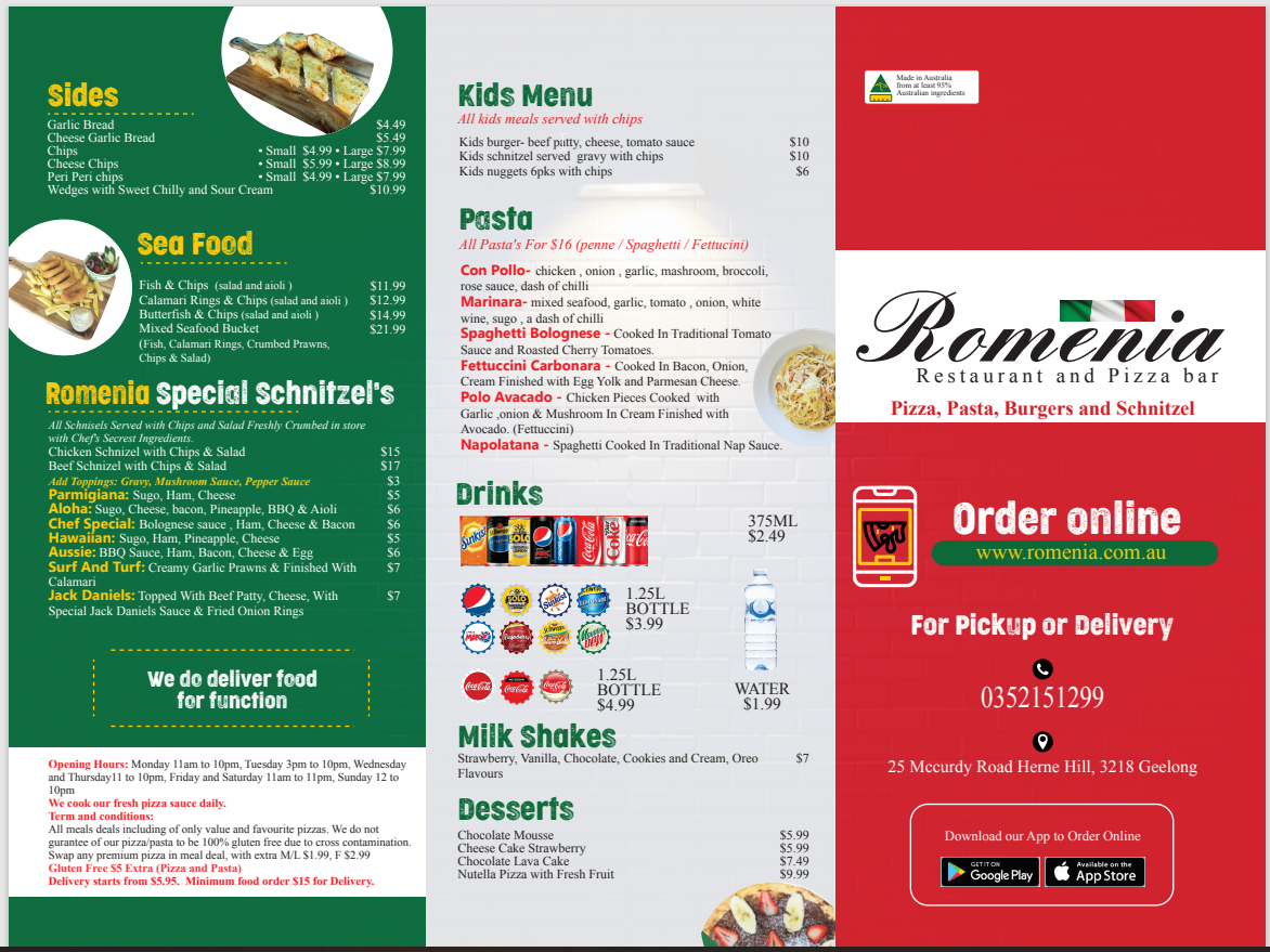 Menu, Romenia Restaurant and Pizza Bar