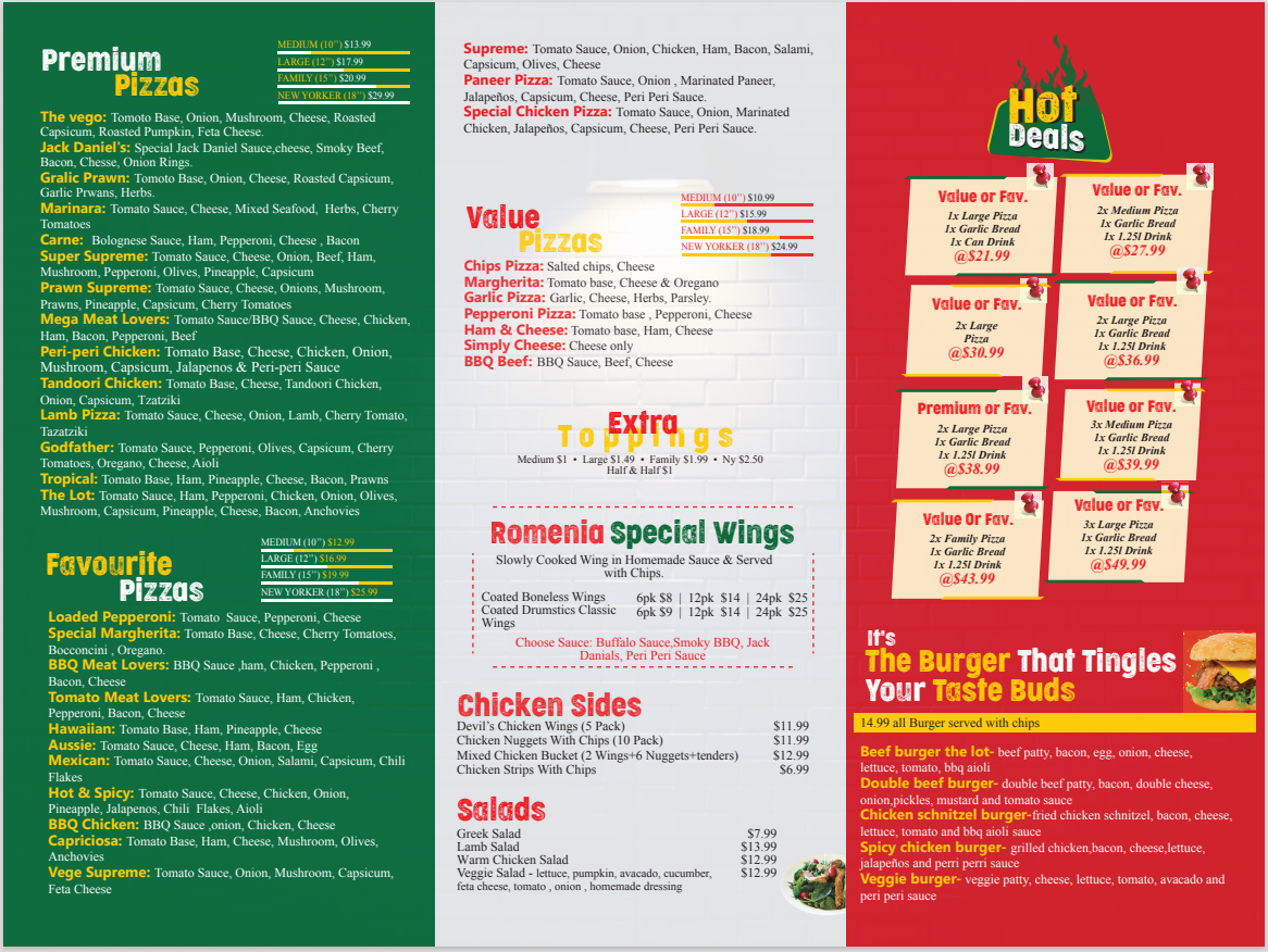 Menu, Romenia Restaurant and Pizza Bar