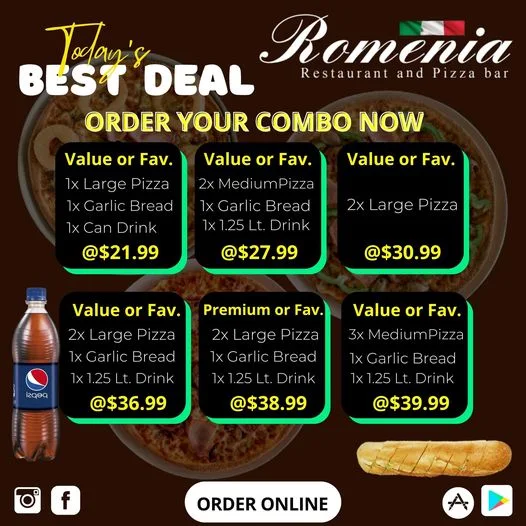 Menu, Romenia Restaurant and Pizza Bar