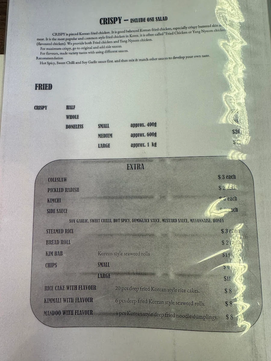 Menu, Jang Dalk Korean Fried Chicken