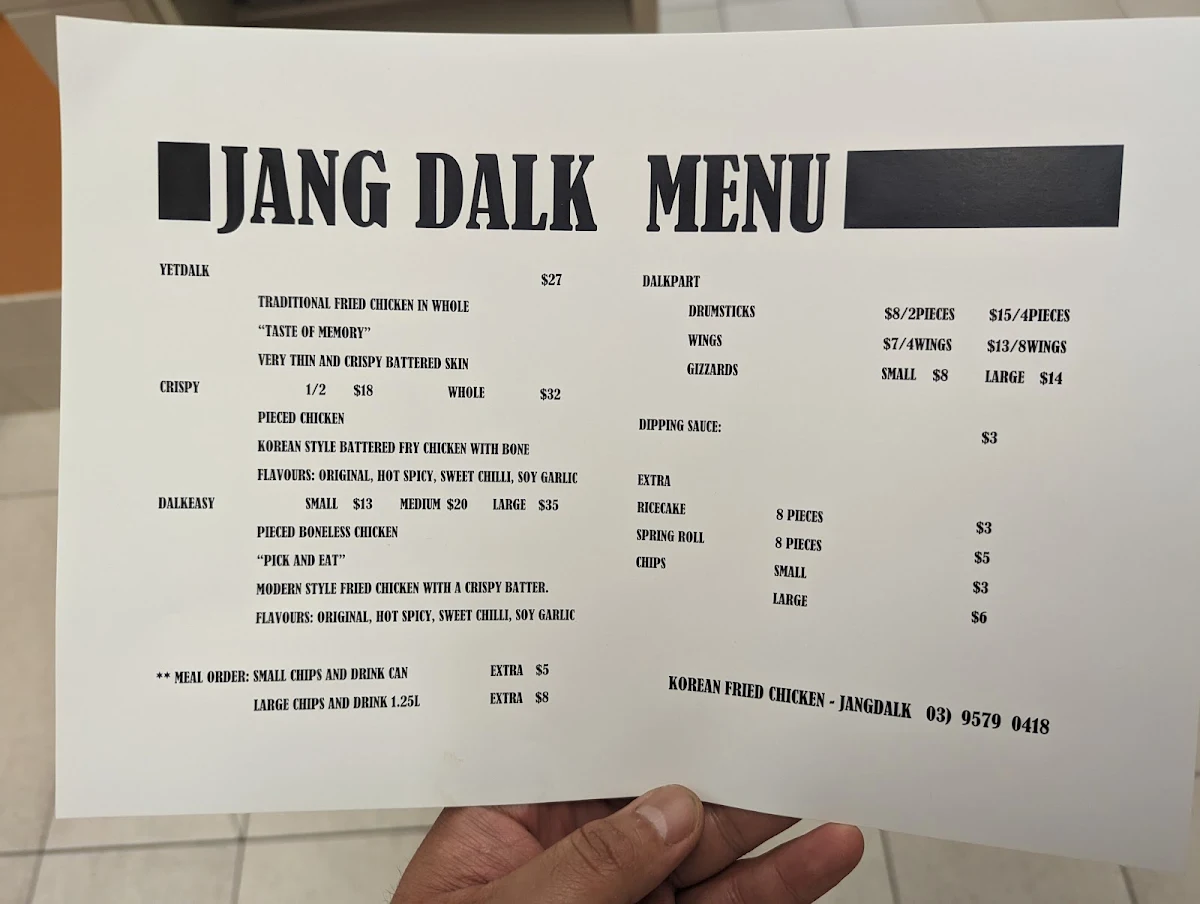 Menu, Jang Dalk Korean Fried Chicken