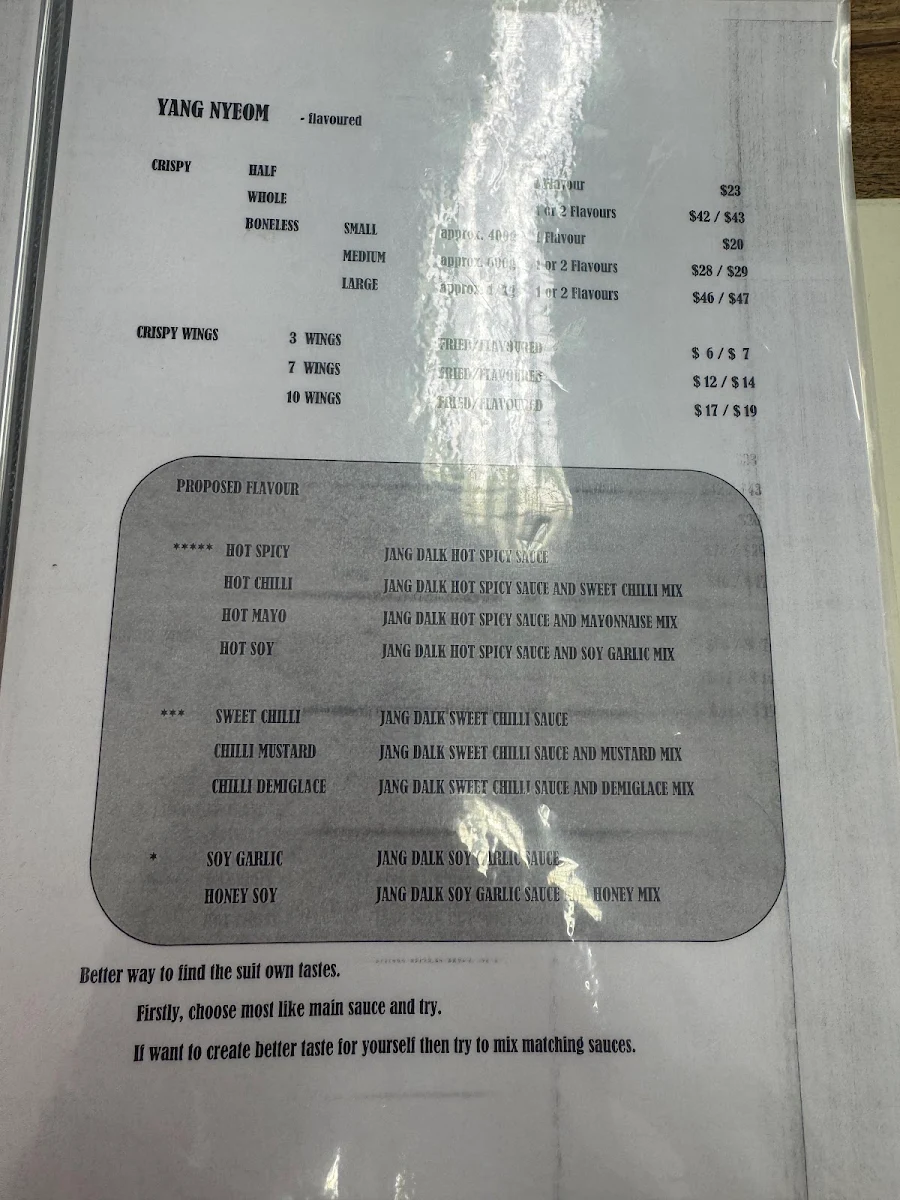Menu, Jang Dalk Korean Fried Chicken