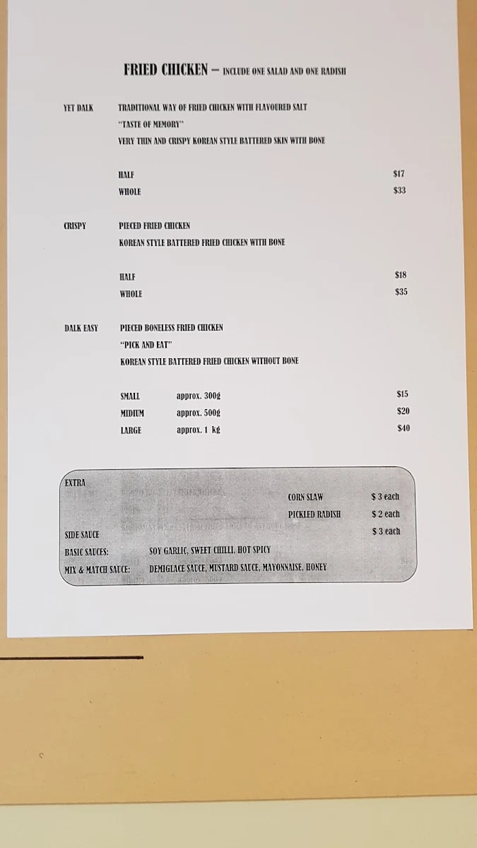 Menu, Jang Dalk Korean Fried Chicken