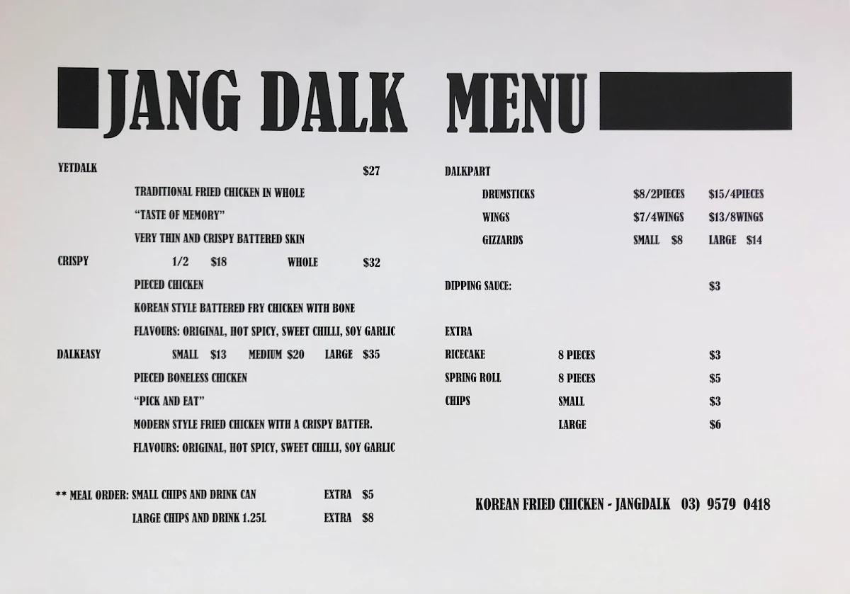 Menu, Jang Dalk Korean Fried Chicken