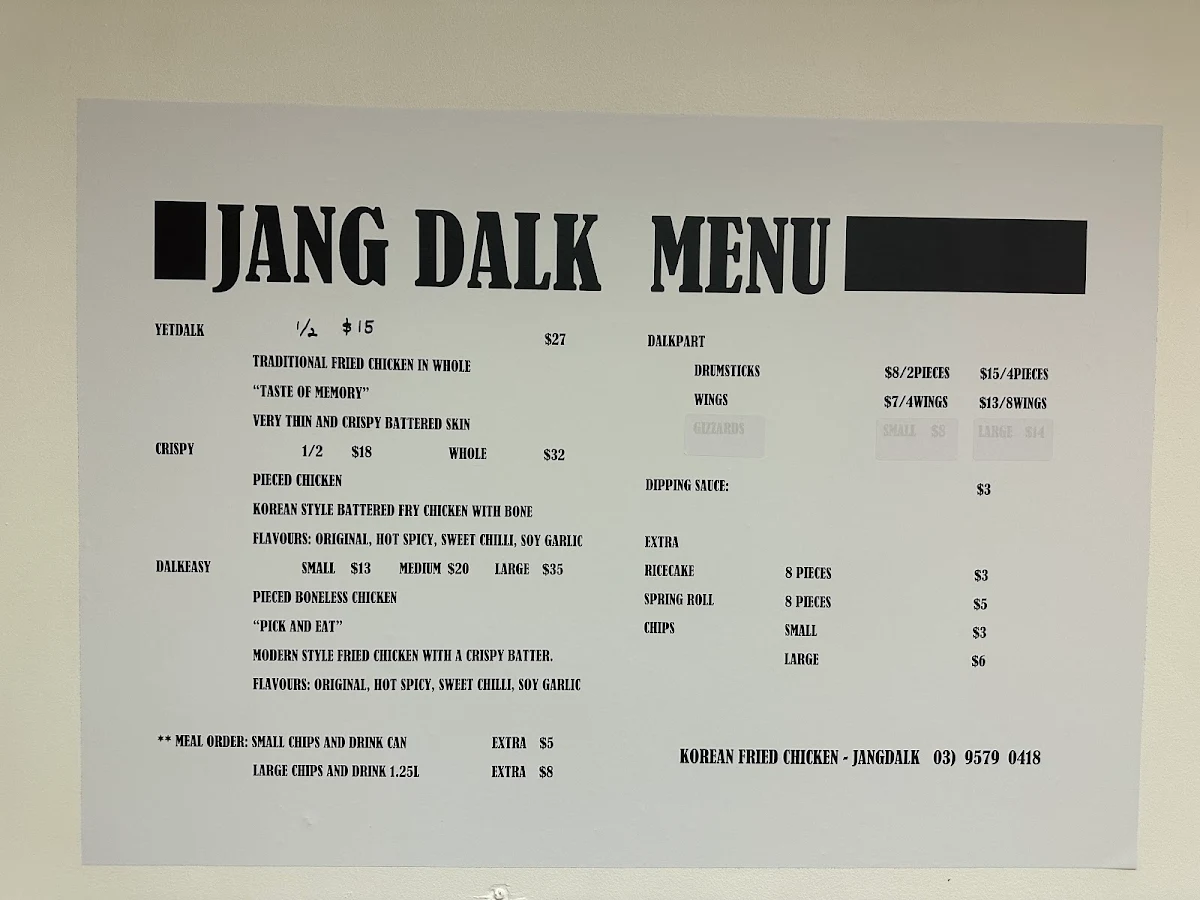 Menu, Jang Dalk Korean Fried Chicken
