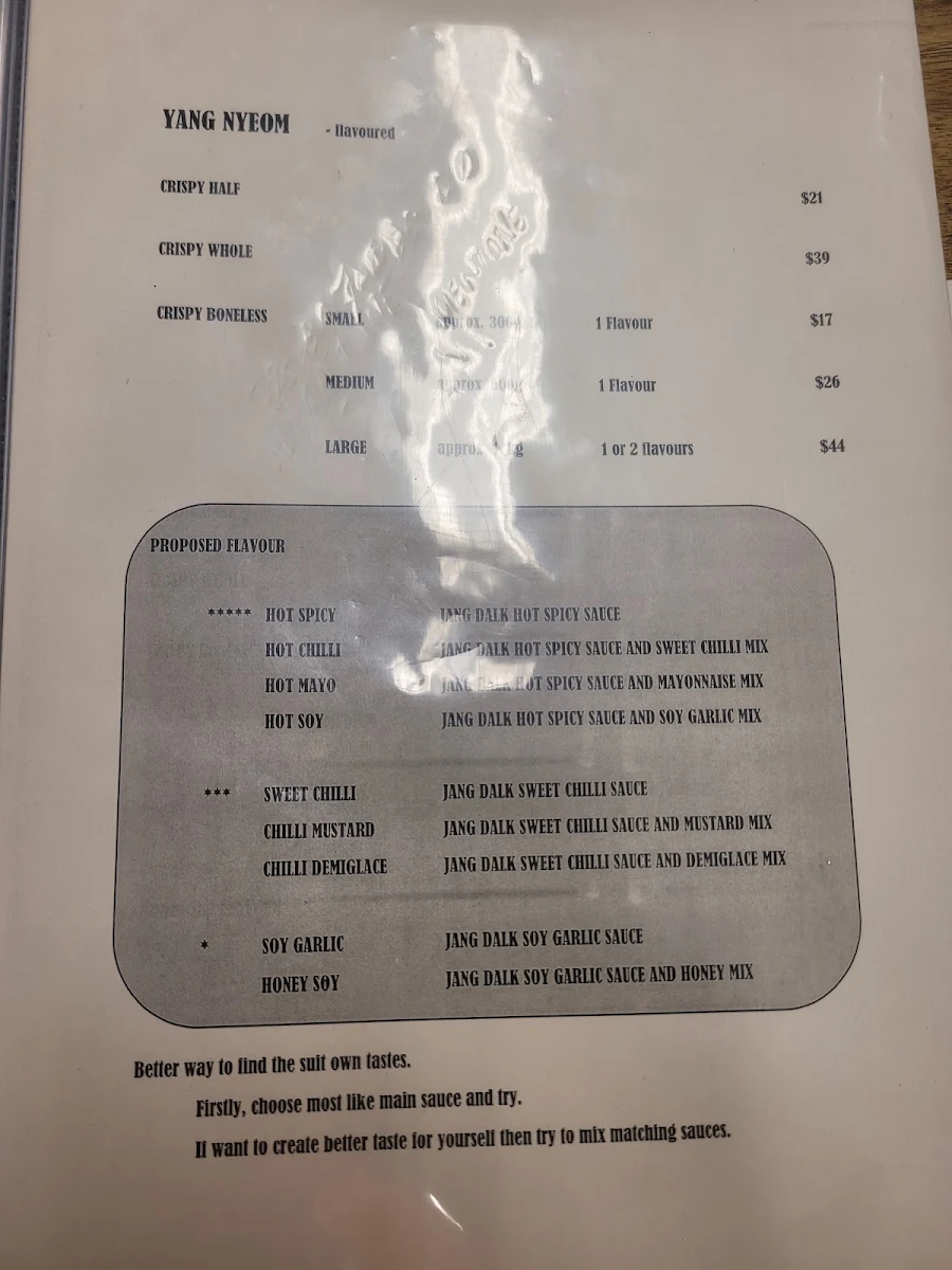 Menu, Jang Dalk Korean Fried Chicken