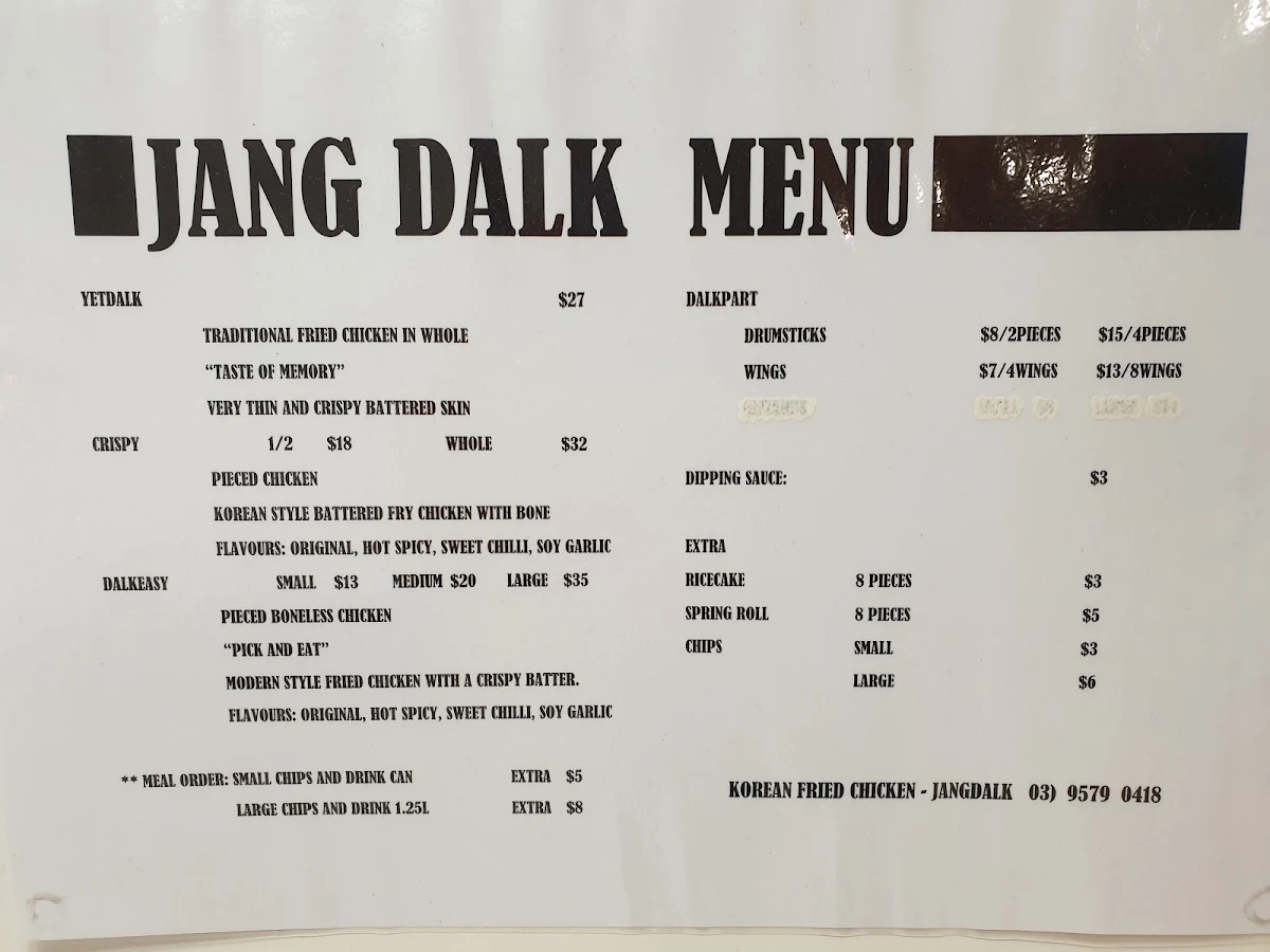 Menu, Jang Dalk Korean Fried Chicken