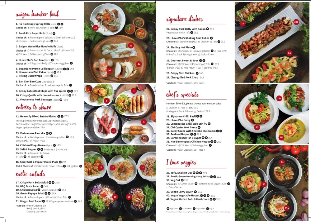 Menu, I Love Pho
