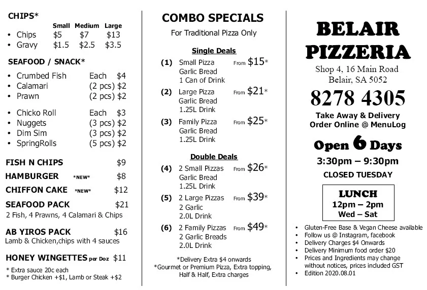 Menu, Belair Pizzeria