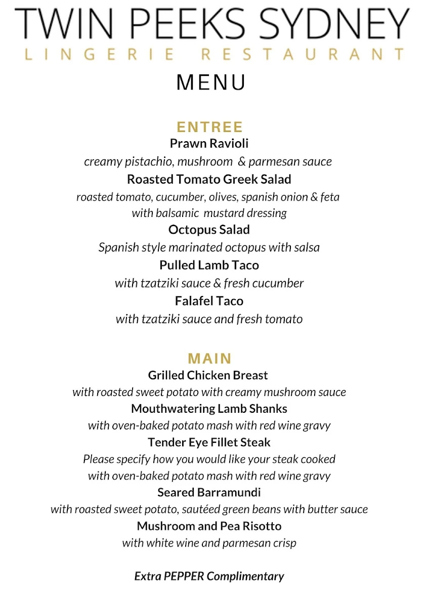 Menu, Twin Peeks Lingerie Restaurant