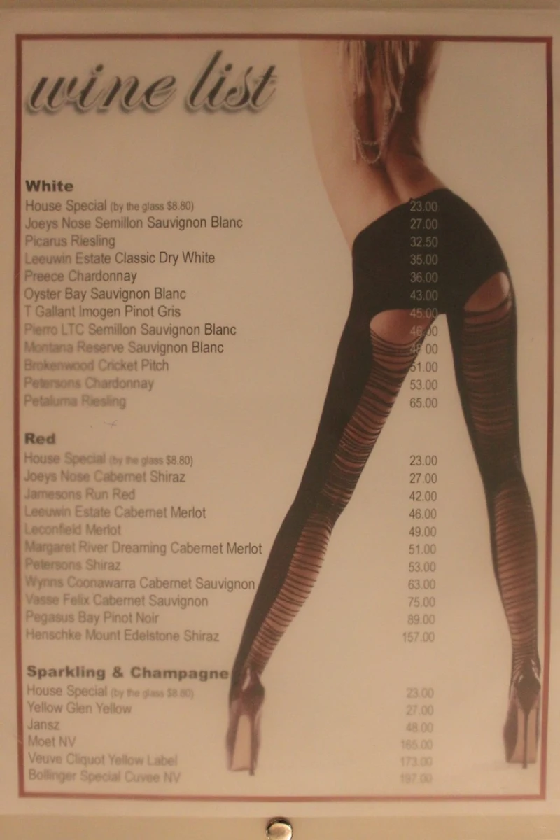 Menu, Twin Peeks Lingerie Restaurant