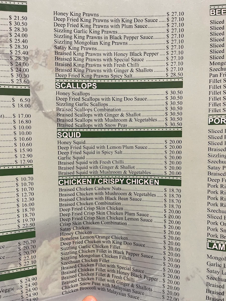 Menu, Mayview Chinese Restaurant