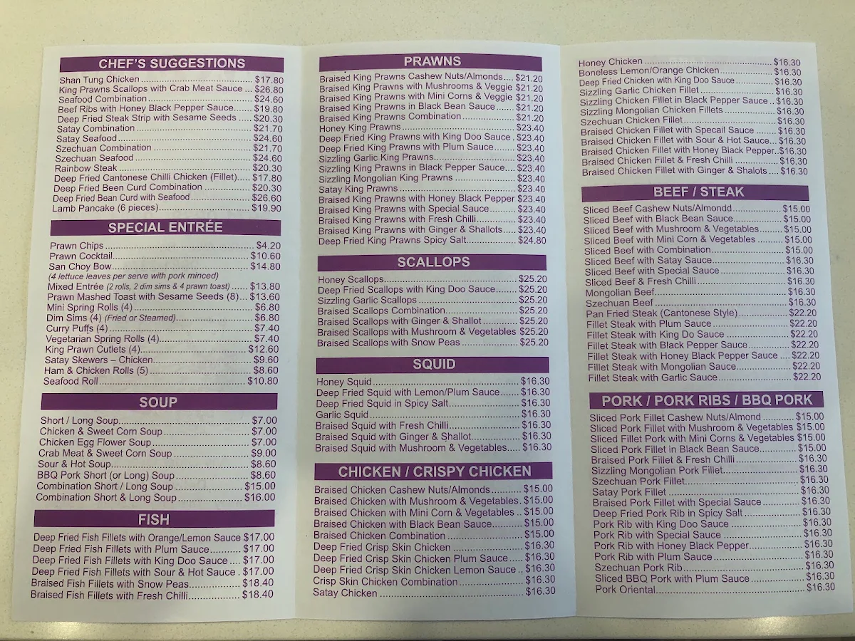 Menu, Mayview Chinese Restaurant