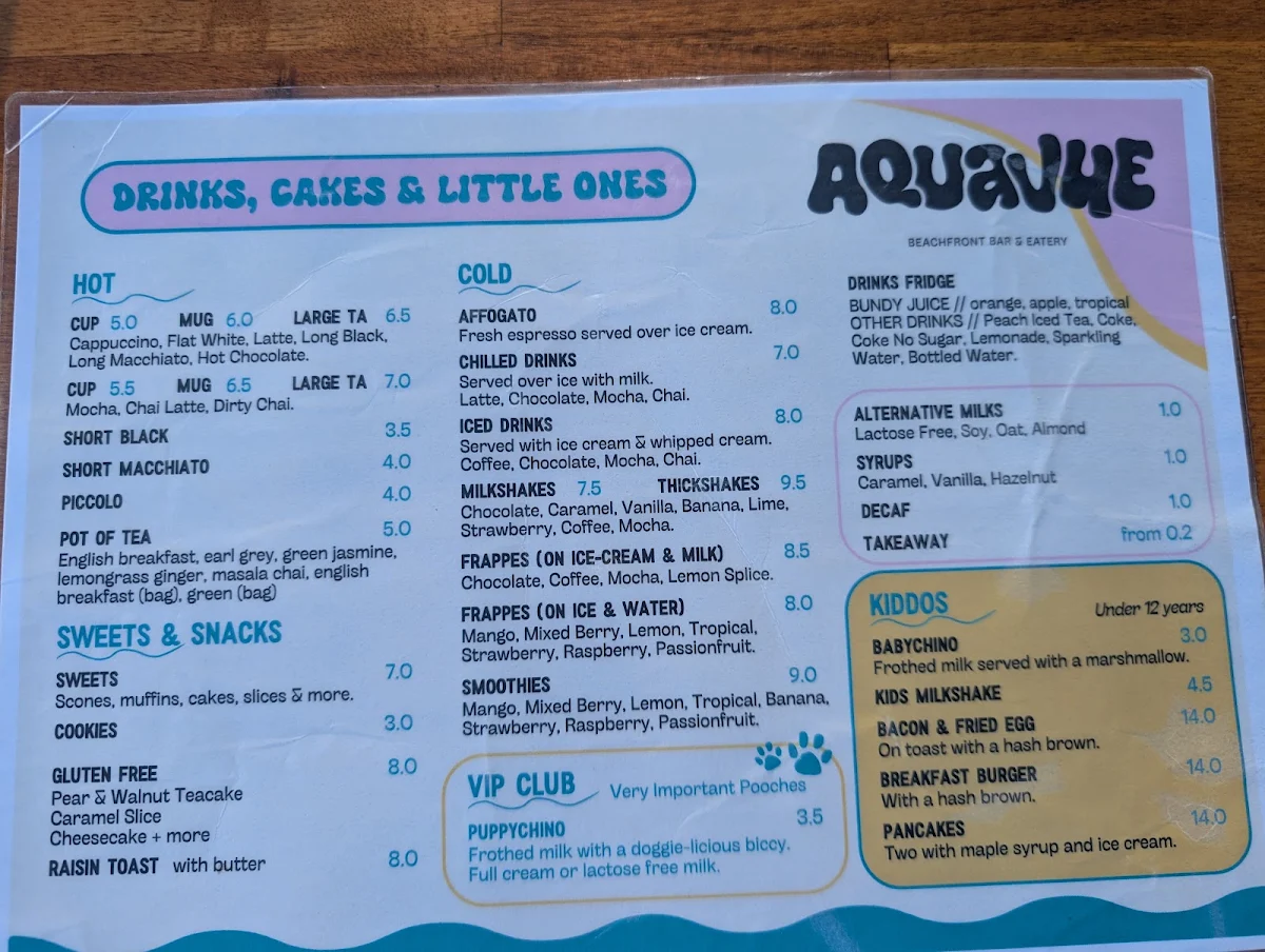 Menu, Aquavue Beachfront Bar & Eatery