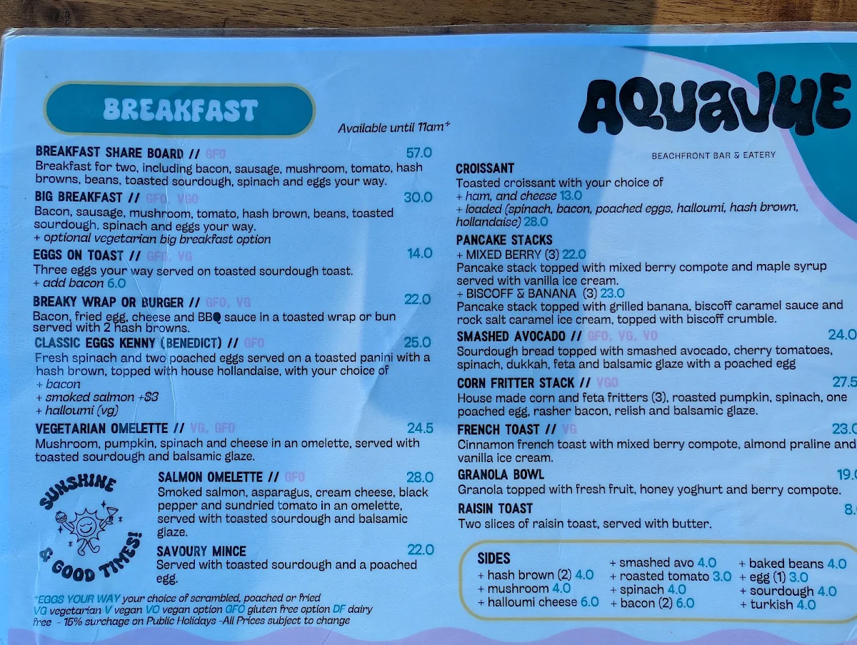 Menu, Aquavue Beachfront Bar & Eatery