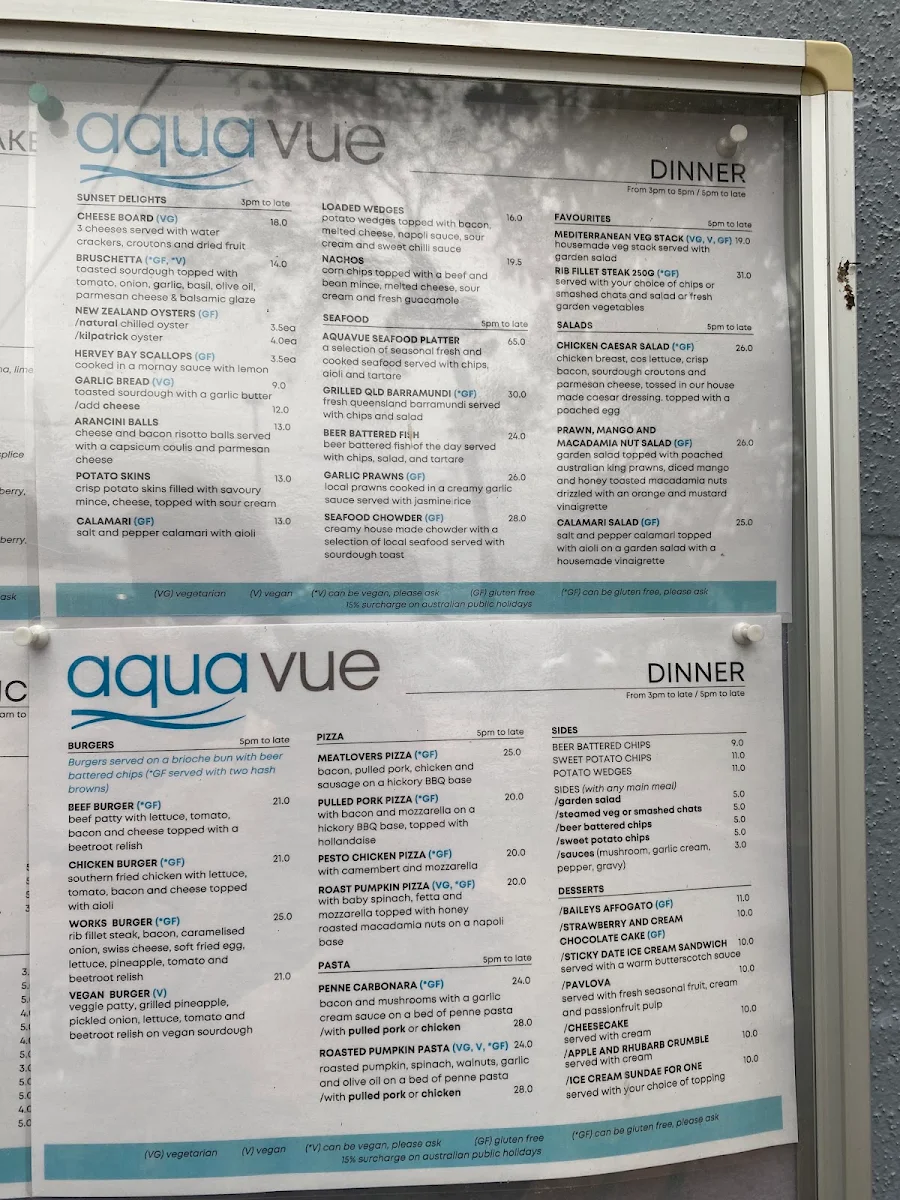 Menu, Aquavue Beachfront Bar & Eatery