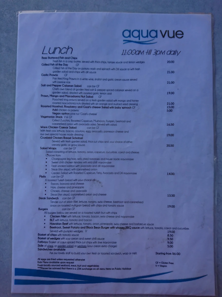 Menu, Aquavue Beachfront Bar & Eatery