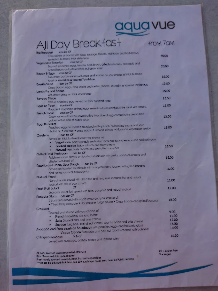Menu, Aquavue Beachfront Bar & Eatery