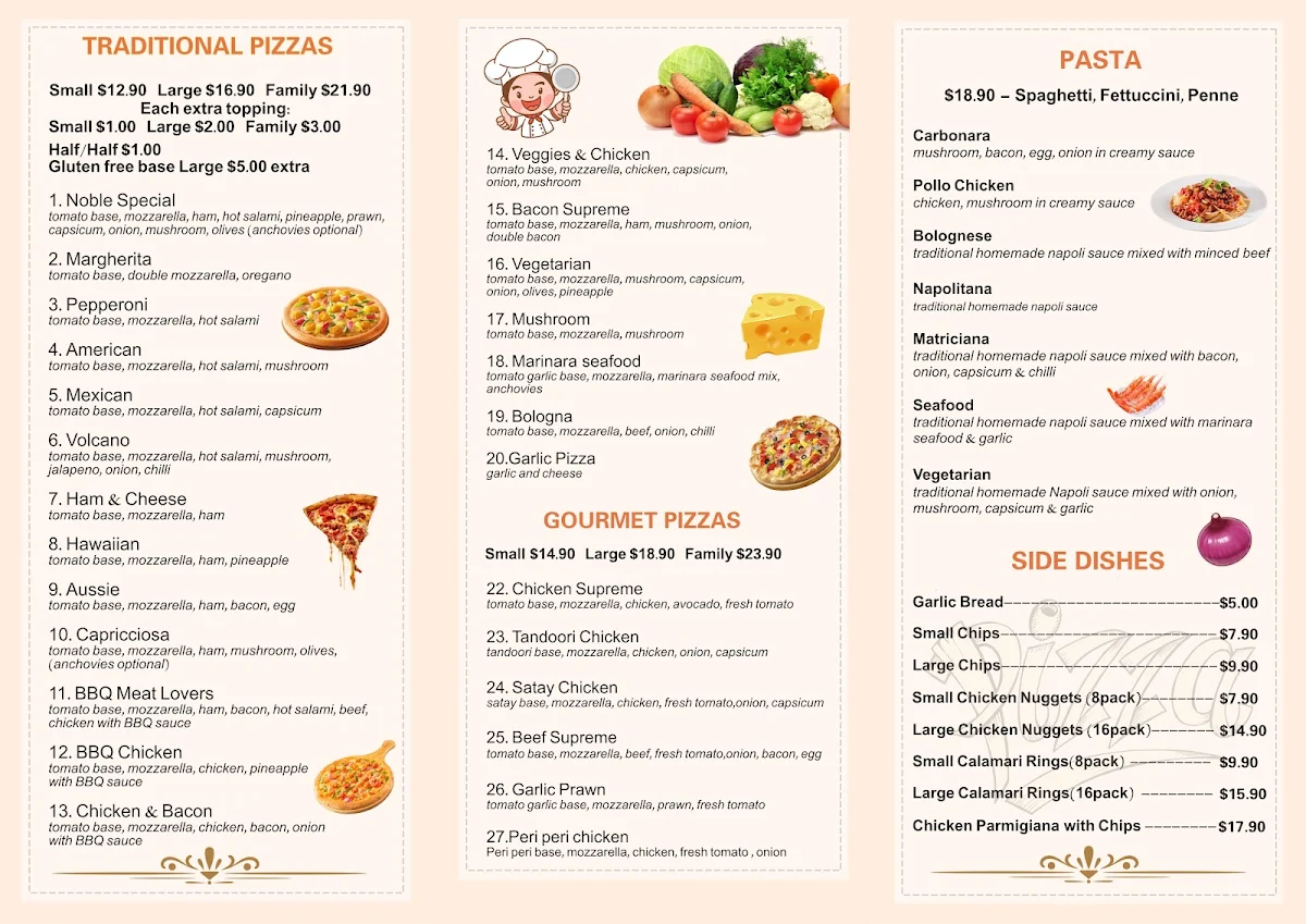 Menu, Noble Pizza