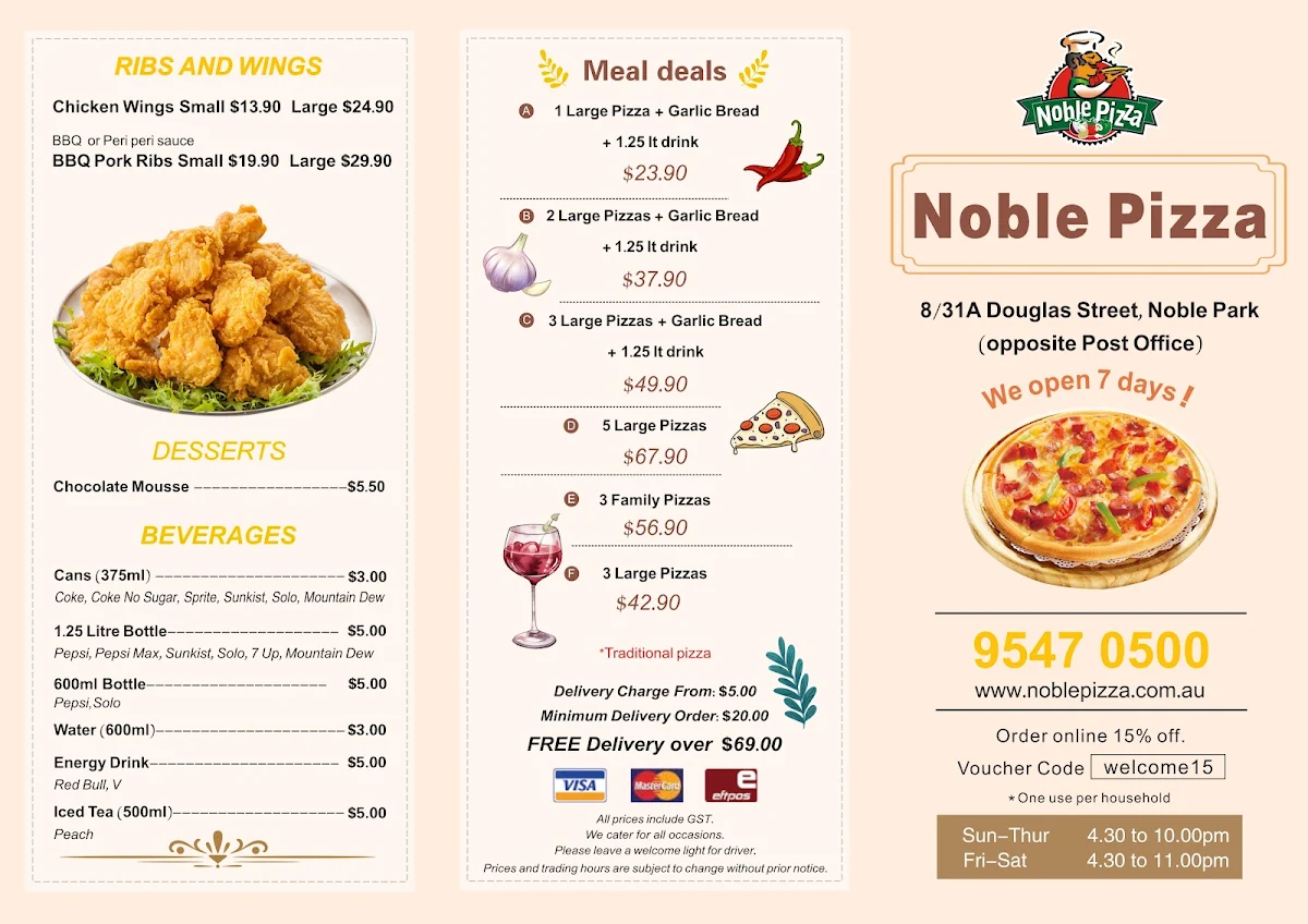 Menu, Noble Pizza