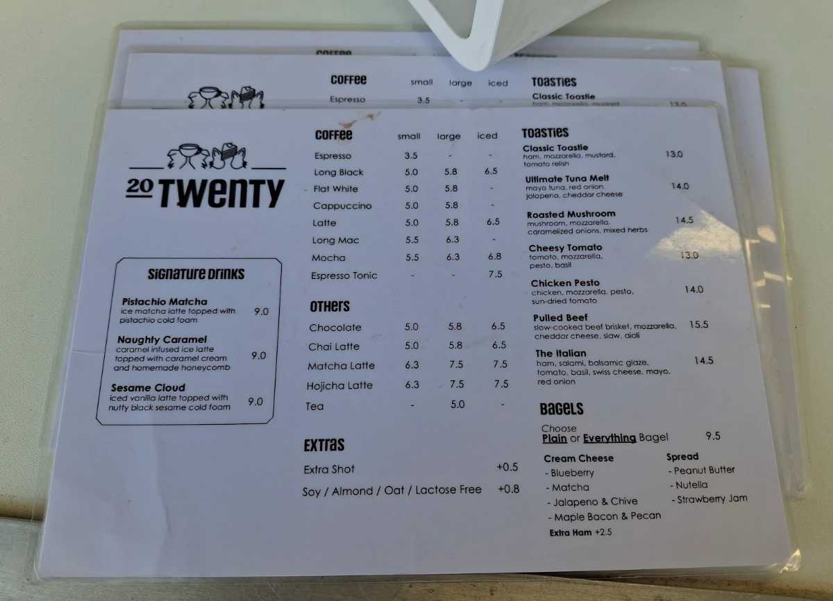 Menu, 20 Twenty Cafe