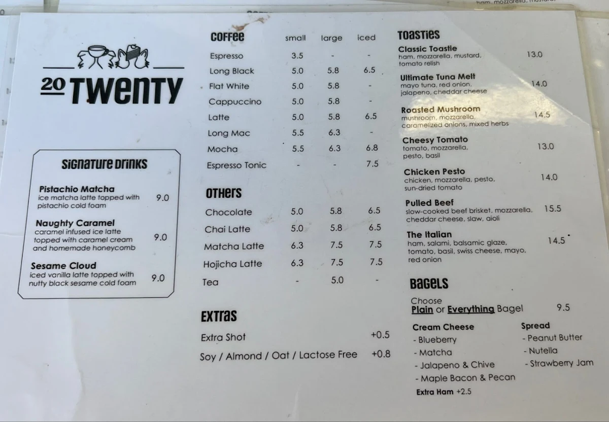 Menu, 20 Twenty Cafe