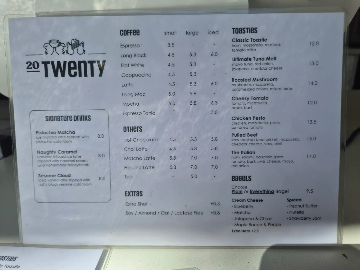 Menu, 20 Twenty Cafe